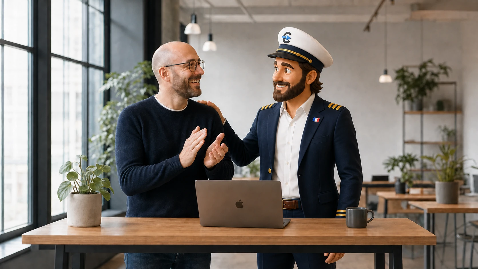 Un client et le Captain se félicitent devant leur MacBook