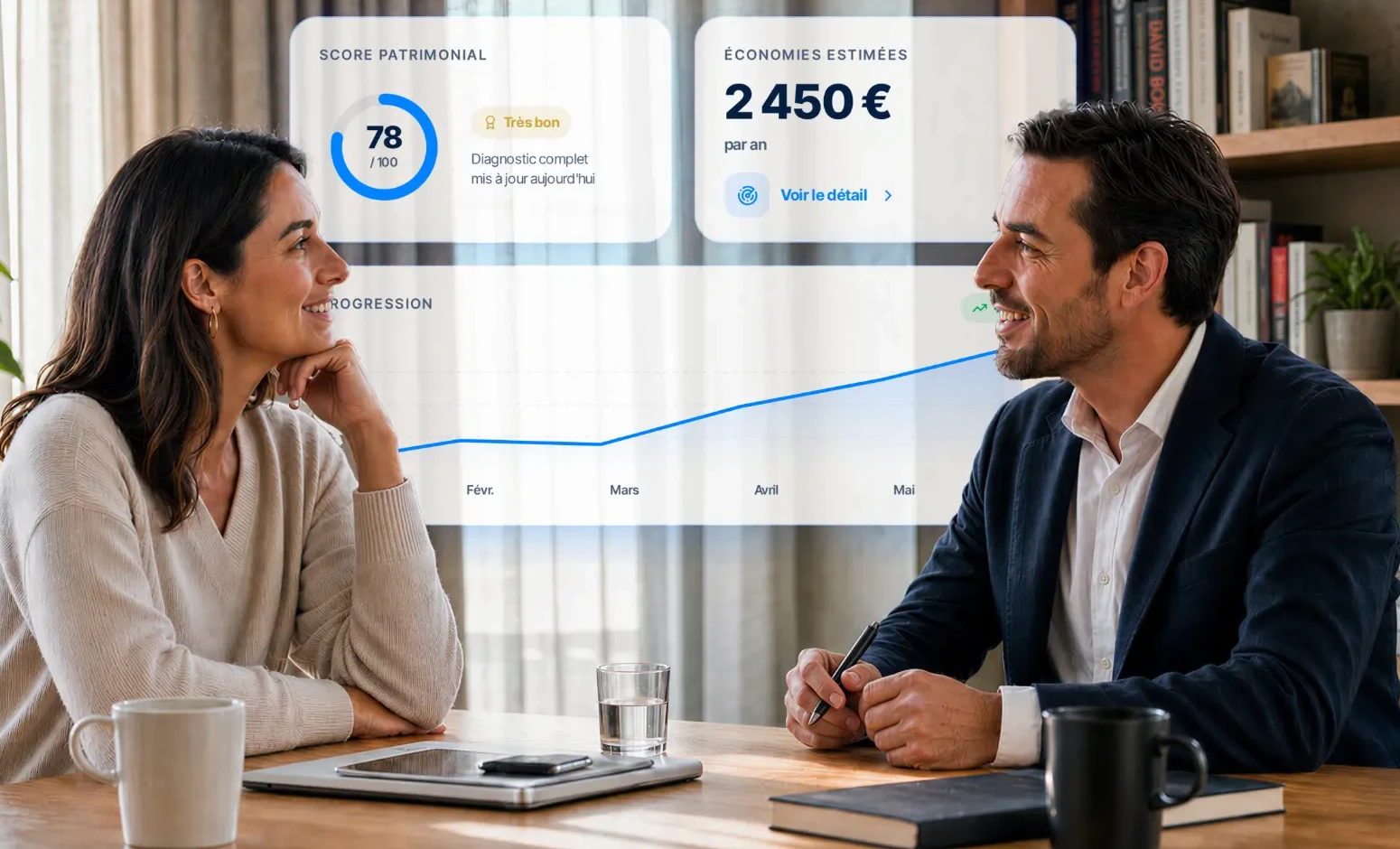 Un conseiller CaptainTax échange avec sa cliente autour de son tableau de bord patrimonial