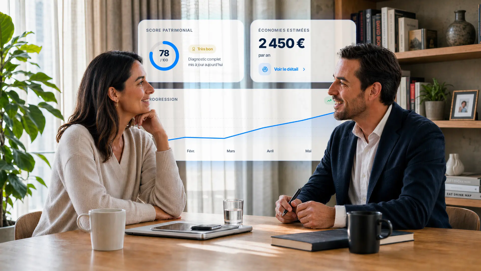 La même cliente échange avec son conseiller pour bâtir sa stratégie