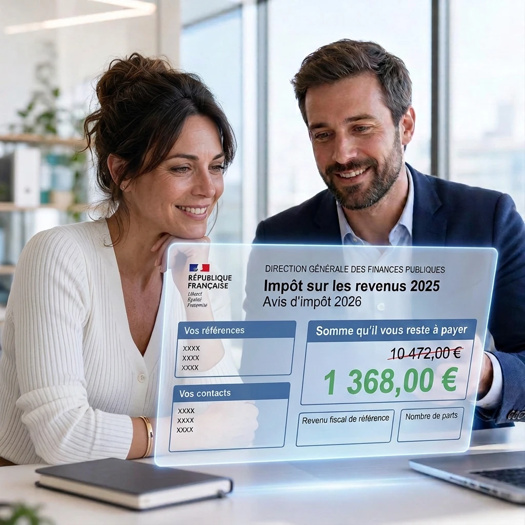 Une cliente souriante et son conseiller CaptainTax devant l'hologramme du même avis d'imposition réduit à 1 368 €