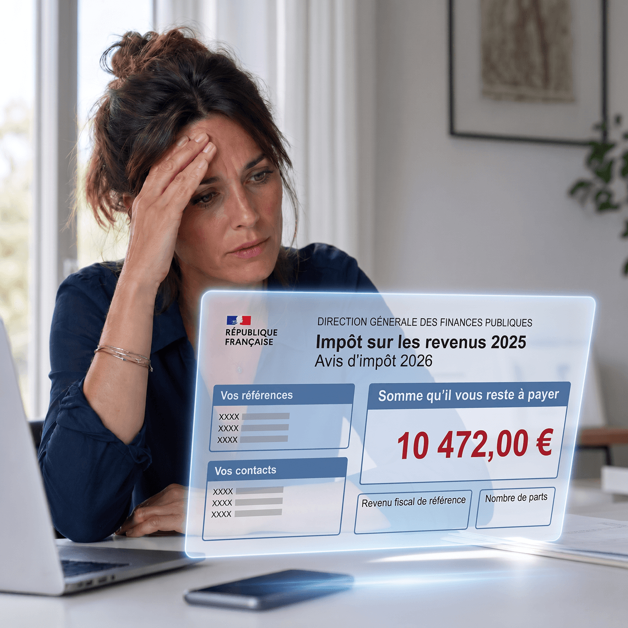 Une contribuable seule face à l'hologramme de son avis d'imposition affichant 10 472 € à payer